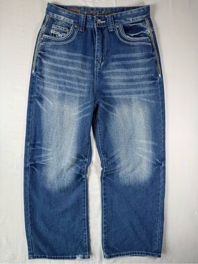 Men’s Y2K Baggy Wide Leg Jeans Embroidered Flap Pocket Medium Wash 30x28